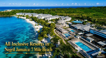Aerial view of all-inclusive resorts along Negril Jamaica’s 7 Mile Beach, with turquoise water, pools, and lush greenery.