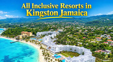 Aerial view of all inclusive resorts in Kingston Jamaica, with turquoise water, sandy beach, pools, and lush green hills.