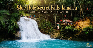 "Crystal-clear electric-blue limestone pools surrounded by lush tropical jungle at Blue Hole Secret Falls, Jamaica. Visitors swim and cliff jump into the vivid natural pools in Saint Ann Parish, Ocho Rios