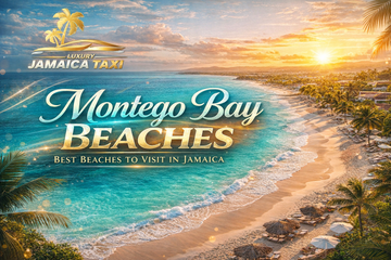 Montego Bay Beaches with turquoise Caribbean waters, white sand shoreline, palm trees, and a tropical sunset, featured as a luxury travel guide to the best beaches in Jamaica.