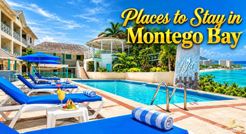 Places to Stay in Montego Bay features a luxury resort pool, tropical landscaping, blue loungers, and Caribbean views.
