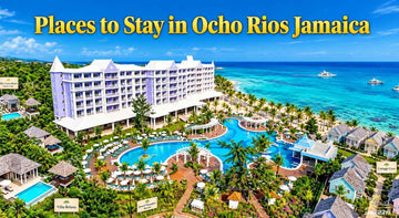Places to Stay in Ocho Rios Jamaica featuring a luxury beachfront resort, pools, villas, palm trees, and Caribbean Sea.