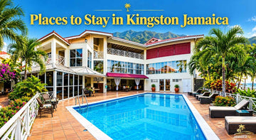 Luxury villa with pool, palm trees, mountain views, and gold title text reading “Places to Stay in Kingston Jamaica.”