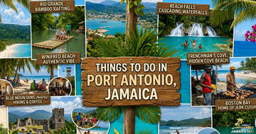 Colorful Port Antonio collage featuring beaches, waterfalls, rafting, and culture. Showcases Jamaica attractions including Blue Lagoon, Boston Bay, scenic adventures.