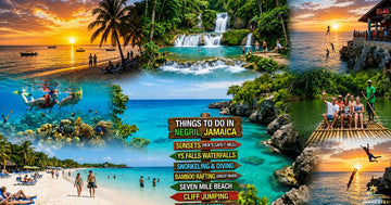 Colorful travel collage showcasing Negril, Jamaica, with waterfalls, snorkeling, bamboo rafting, cliff jumping, and Seven Mile Beach. 