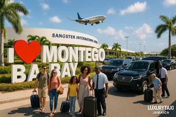 Flights to Jamaica – exterior view of Montego Bay Airport showing arrival area and travel information for visitors.
