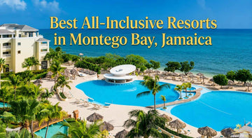Luxury all-inclusive resort in Montego Bay, Jamaica with turquoise pools, tropical palms, beach views, and golden text.