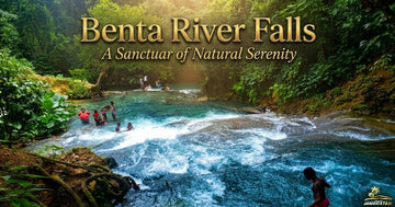 "A serene waterfall on the Benta River with crystal-clear swimming pool and dense green jungle canopy in rural Jamaica.