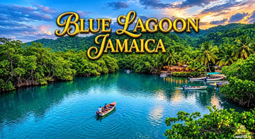 Blue Lagoon Jamaica with turquoise waters, lush greenery, boats, and elegant golden text showcasing a tropical paradise.