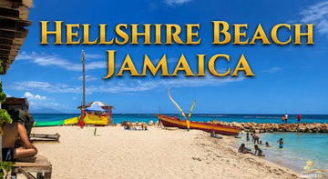 Hellshire Beach Jamaica with white sandy shore, turquoise sea, colorful fishing boats, and bold golden title over a sunny sky.
