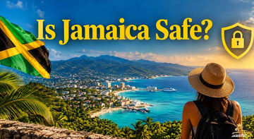 Jamaica travel scene with Jamaican flag, turquoise coastline, mountains, and a traveler viewing the island under golden “Is Jamaica Safe?” text.