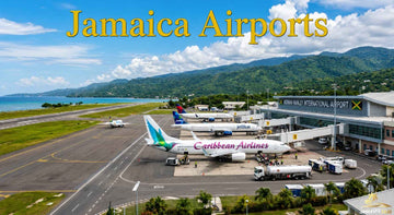 Aerial view of Jamaica Airports with passenger planes at Norman Manley International Airport, scenic coastline, lush mountains, and terminal.