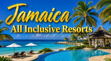 Jamaica all inclusive resorts with a tropical beach, turquoise ocean, palm trees, luxury pool, and golden text.
