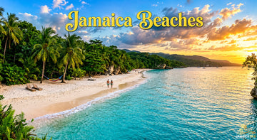 Golden sunset over Jamaica beaches with turquoise water, white sand, lush palm trees, tropical forest, relaxing shoreline, scenic coastline, and visitors enjoying a peaceful Caribbean escape.