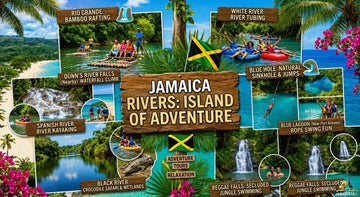 Colorful Jamaica travel collage showcasing rivers, waterfalls, rafting, tubing, kayaking, lagoons, jungle swimming, tropical scenery, and adventure tourism attractions islandwide.