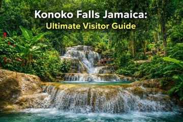 Konoko Falls Jamaica waterfall with lush tropical rainforest, limestone terraces, and visitors climbing natural pools in Ocho Rios under bright sunlight.