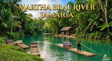 Tourists enjoy a bamboo raft ride on Martha Brae River, Jamaica, surrounded by dense tropical rainforest, calm emerald waters, and scenic views.