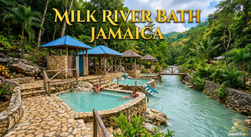 Visitors relax in mineral-rich pools beside Milk River Bath, Jamaica, surrounded by lush tropical greenery, stone pathways, rustic pavilions, and flowing water.