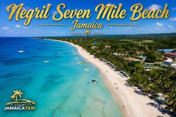 Negril Seven Mile Beach Jamaica aerial view with turquoise Caribbean water, white sand, palm trees, and a bright blue tropical sky.