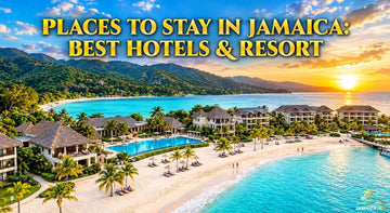 Luxury Jamaican beachfront resort with tropical villas, pools, palm trees, turquoise water, mountains, and sunset views.