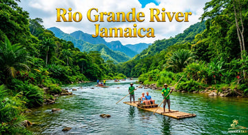 Rio Grande River Jamaica featuring bamboo rafting on crystal-clear water, surrounded by lush tropical rainforest, rolling mountains, vibrant greenery, scenic river views, peaceful nature, adventure.