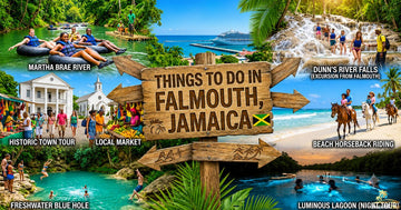 Falmouth Jamaica travel collage featuring Martha Brae River, Dunn’s River Falls, Blue Hole, horseback riding, local market, and lagoon adventures.