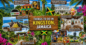 Colorful Kingston Jamaica travel collage showcasing Bob Marley Museum, Devon House, Port Royal, gardens, market, gallery, park, culture, history, nature.