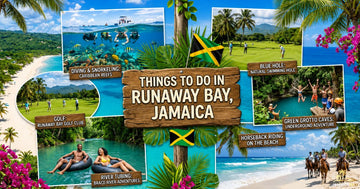 Colorful Runaway Bay Jamaica travel collage featuring beaches, snorkeling, golf, river tubing, tropical scenery, palm trees, adventure activities and attractions.