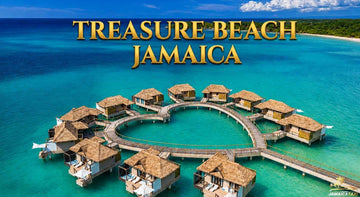 Aerial view of Treasure Beach Jamaica with luxury overwater villas, turquoise Caribbean water, and centered title text.